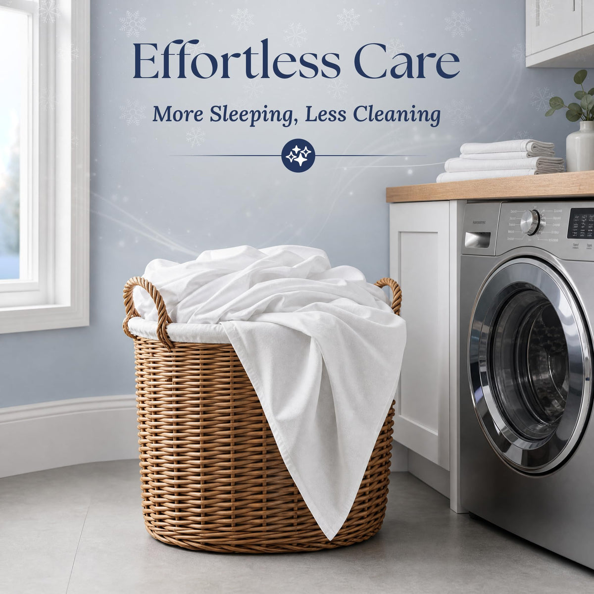 White fitted sheet draped over a wicker laundry basket beside a washing machine. Graphic reads "Effortless Care".