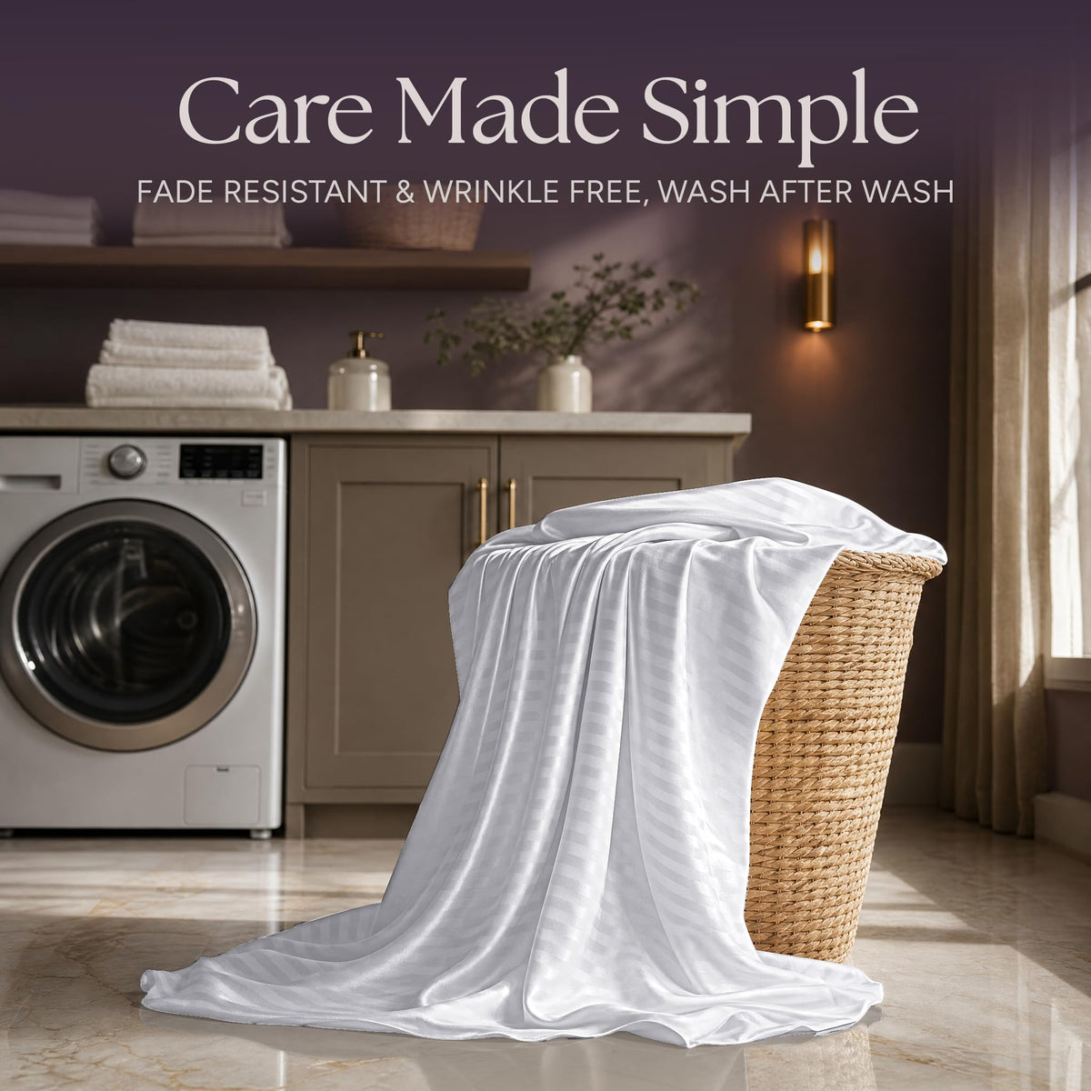 White striped satin fabric draped over a wicker laundry basket beside a washing machine beneath "Care Made Simple".