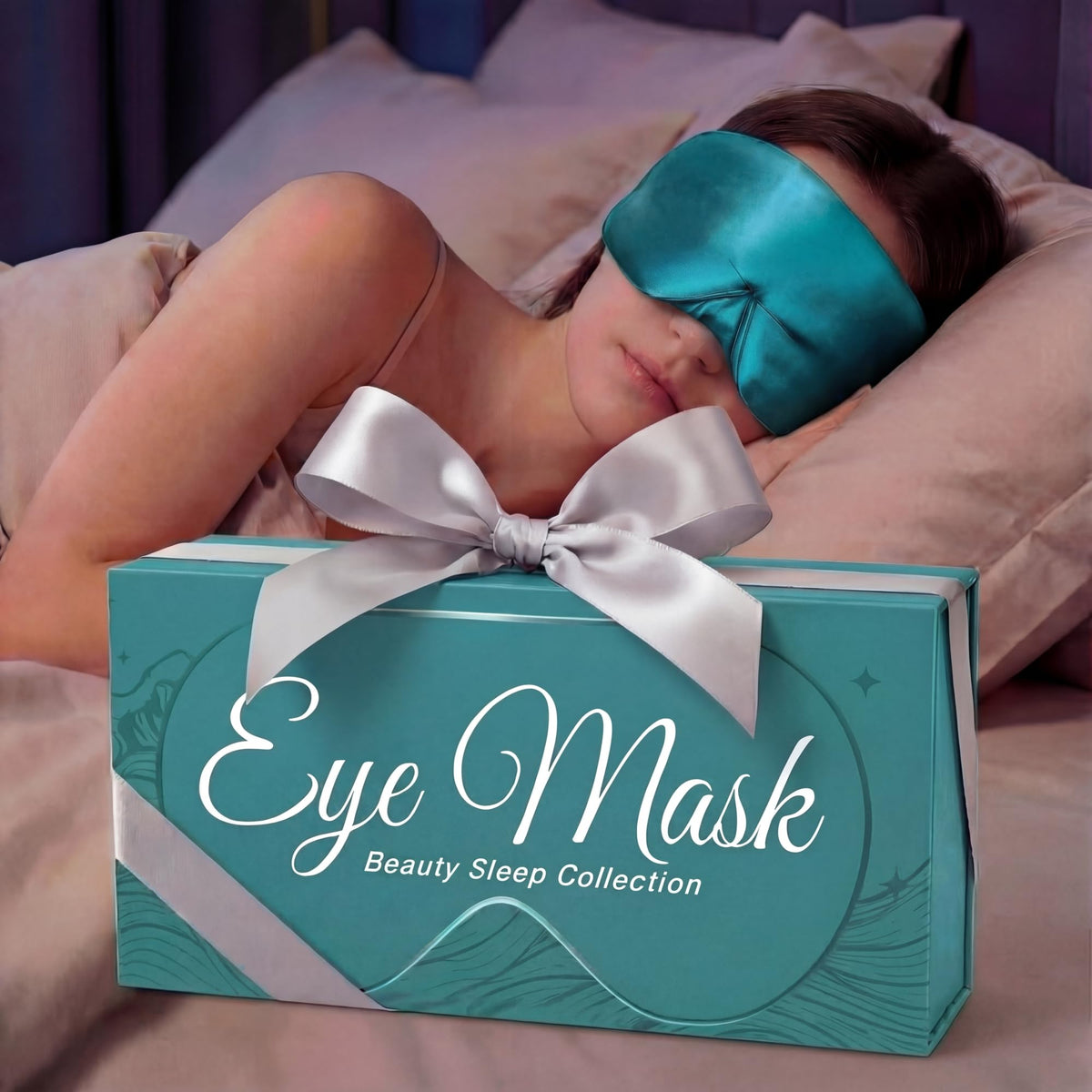 Teal Eye Mask gift box tied with a silver ribbon in front of a person sleeping in a wide teal mask.