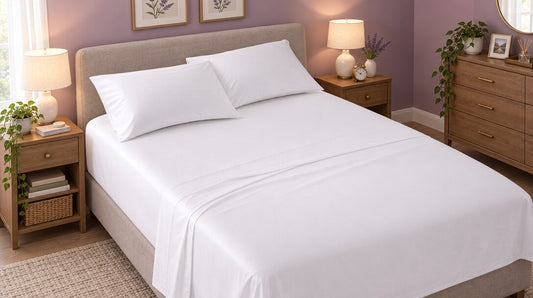 White sheets and two white pillows on a gray upholstered bed, between wooden nightstands with lamps and plants.
