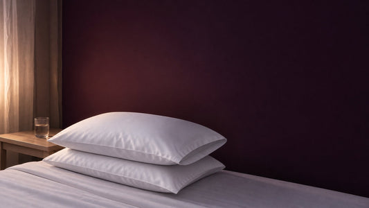 Two pale gray pillows stacked on a bed beside a curtained window and a glass of water.