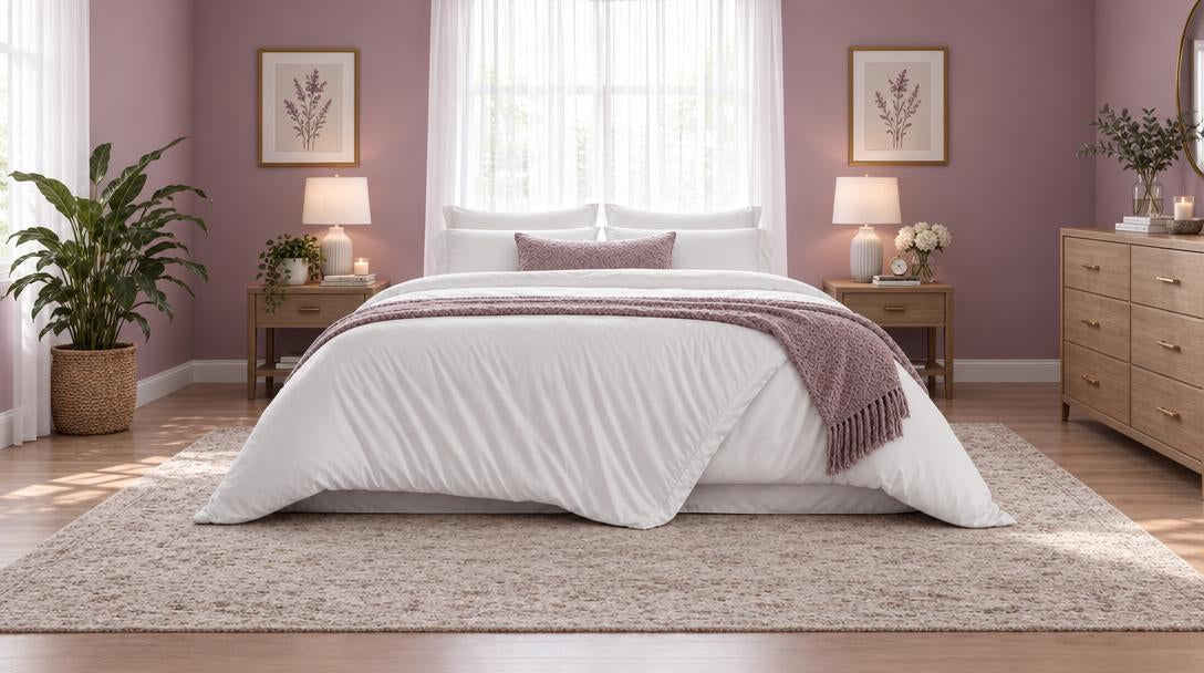White comforter on a bed with a folded mauve throw, matching bedside lamps and plants in a bright bedroom.
