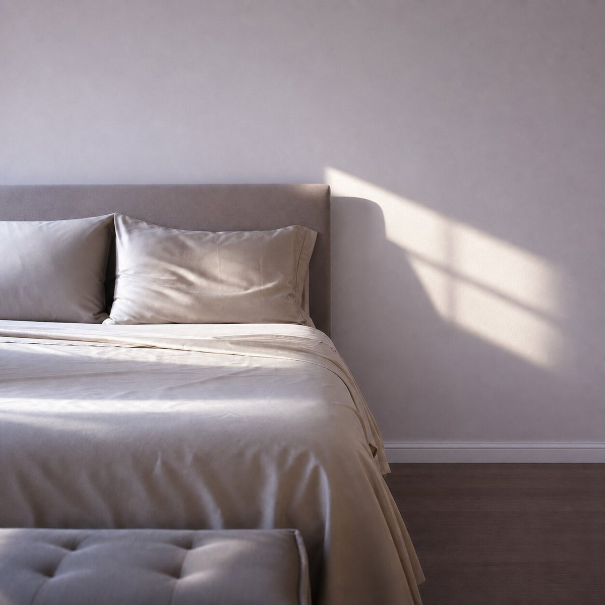 Beige sheets and matching pillows on a bed against a mauve wall, with angled sunlight and a tufted bench in front.