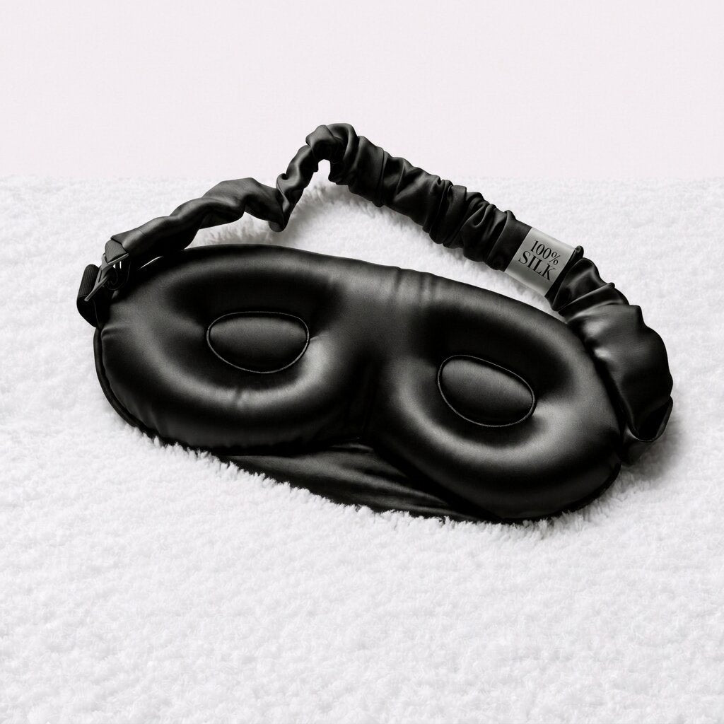Inside of a black contoured sleep mask showing recessed eye cups and a gathered adjustable strap.