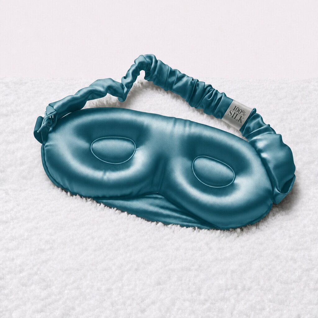 Inside of a teal contoured sleep mask resting on a white towel, showing recessed eye cups and a gathered adjustable strap.
