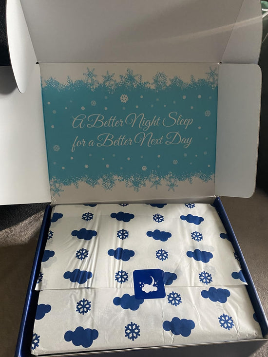 Open Sleephoria box with cloud and snowflake printed wrapping and the message "A Better Night Sleep for a Better Next Day" inside the lid.