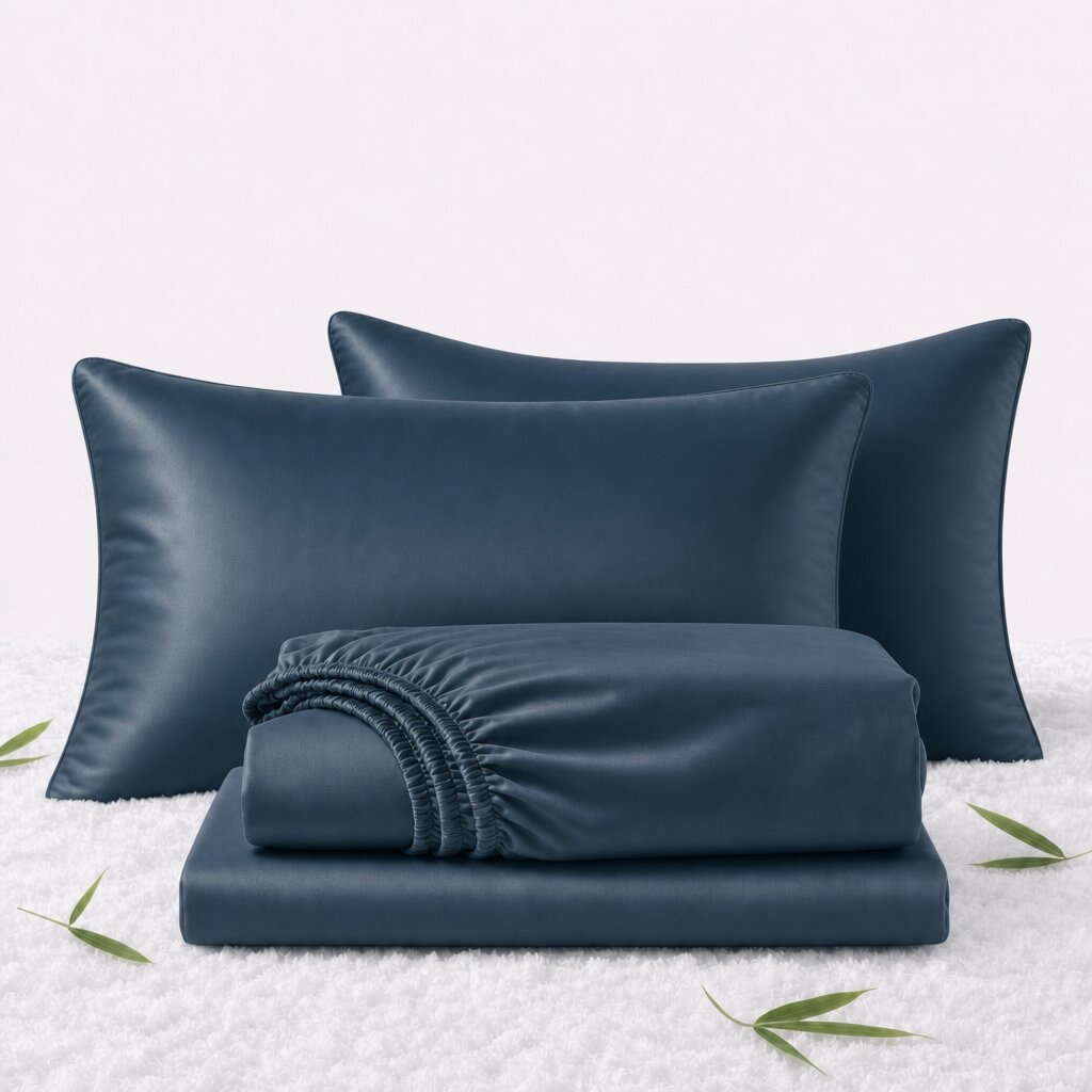 Folded dark teal sheets in front of 2 matching pillows on a white textured surface with scattered bamboo leaves.