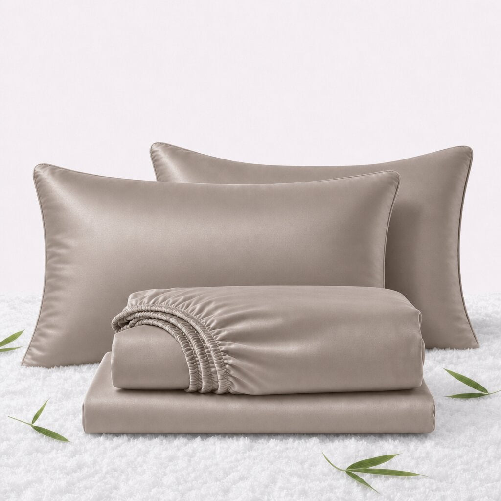 Folded taupe sheets in front of 2 matching pillows on a white textured surface with scattered bamboo leaves.
