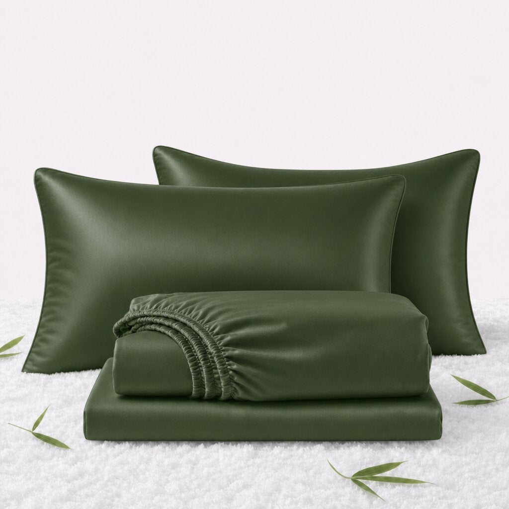 Folded forest green sheets in front of 2 matching pillows on a white textured surface with scattered bamboo leaves.