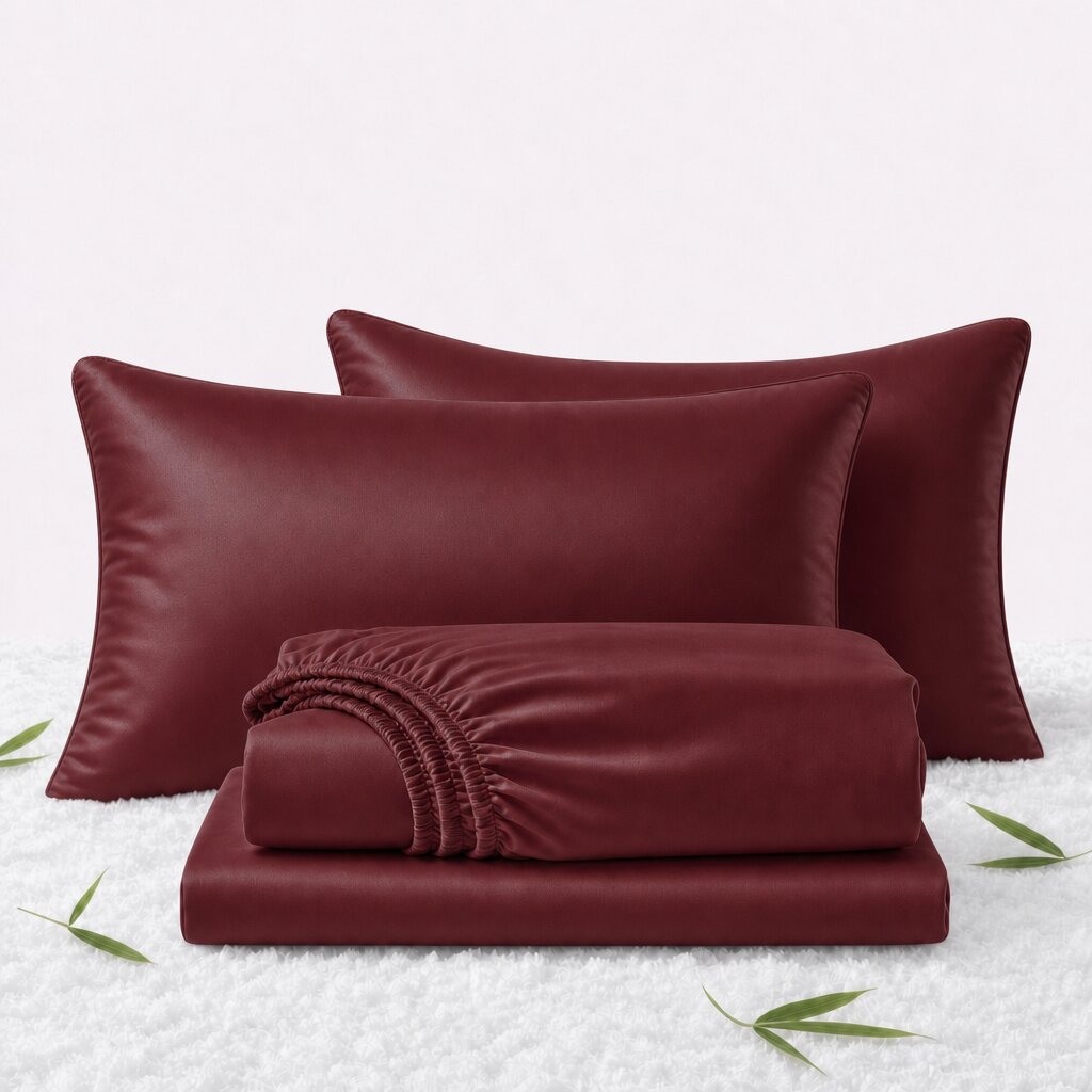 Folded burgundy sheets in front of 2 matching pillows on a white textured surface with scattered bamboo leaves.
