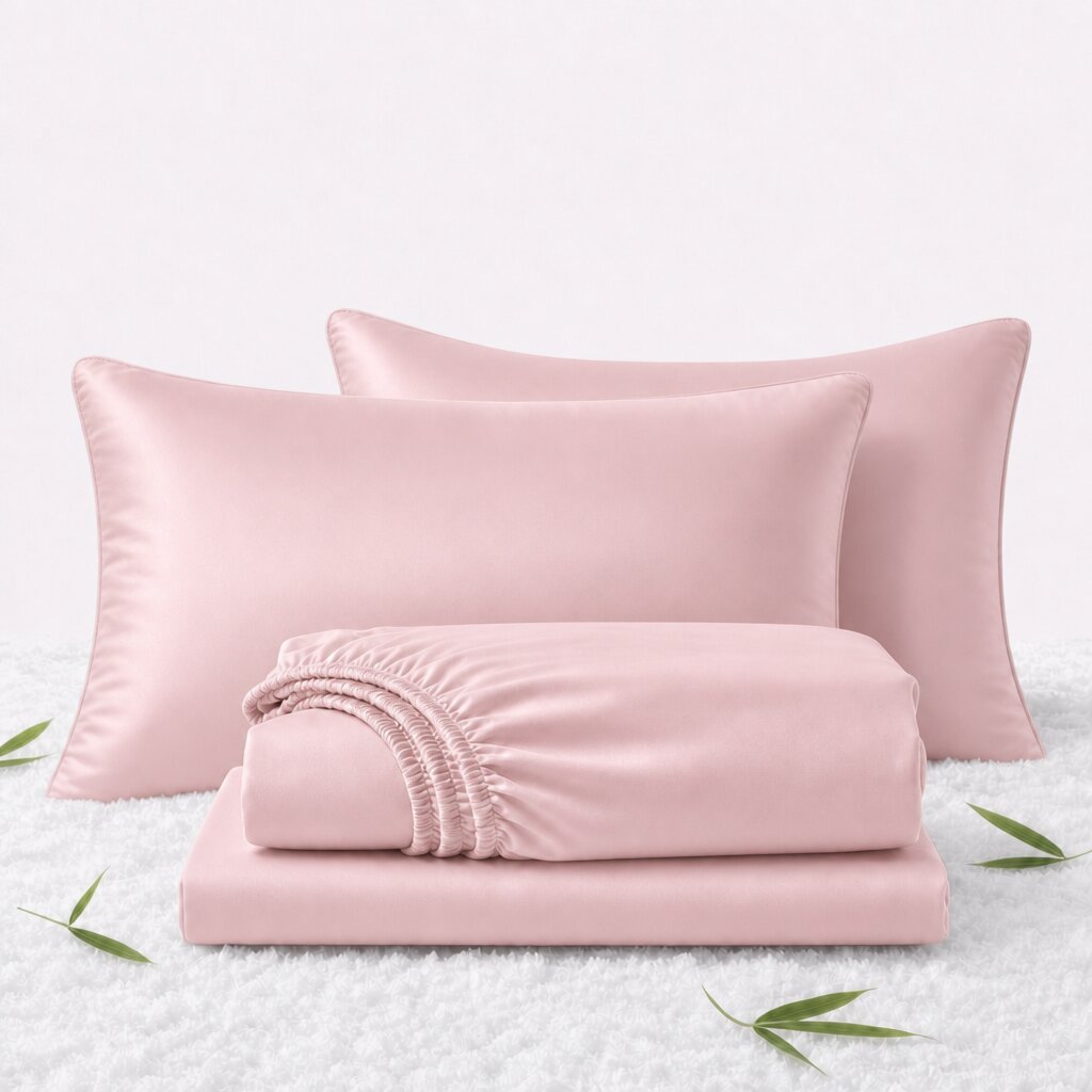 Folded pink sheets in front of 2 matching pillows on a white textured surface with scattered bamboo leaves.