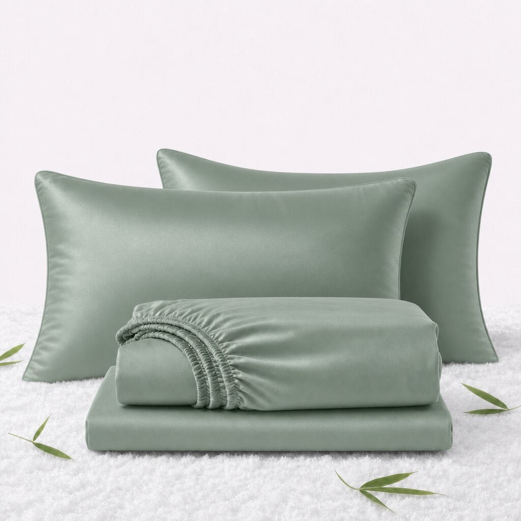 Folded sage green sheets in front of 2 matching pillows on a white textured surface with scattered bamboo leaves.