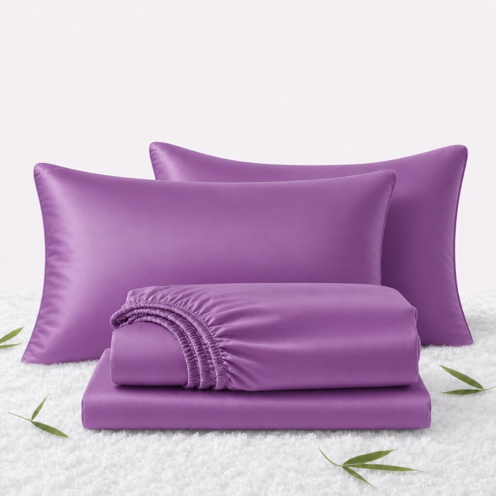 Folded purple sheets in front of 2 matching pillows on a white textured surface with scattered bamboo leaves.