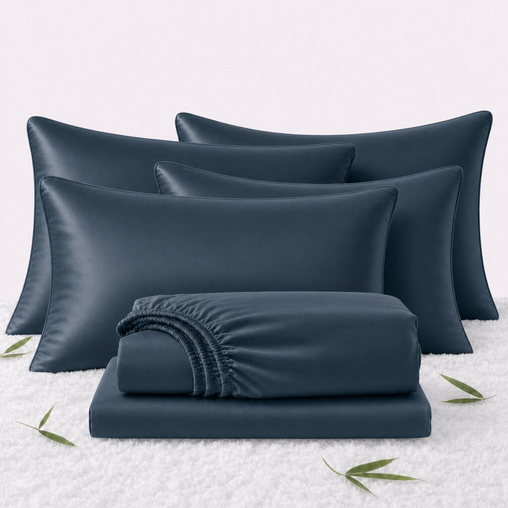 Folded dark teal sheets in front of 4 matching pillows on a white textured surface with scattered bamboo leaves.