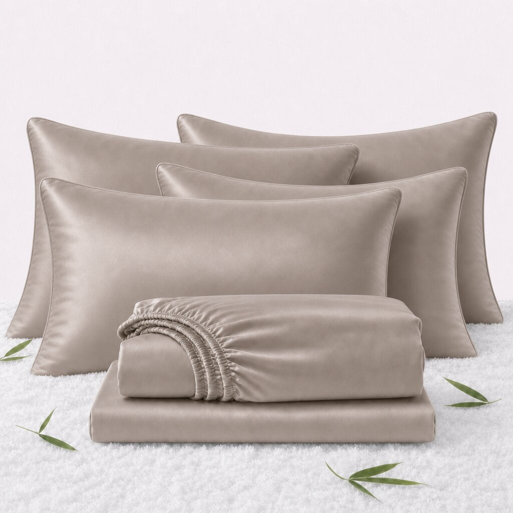 Folded taupe sheets in front of 4 matching pillows on a white textured surface with scattered bamboo leaves.
