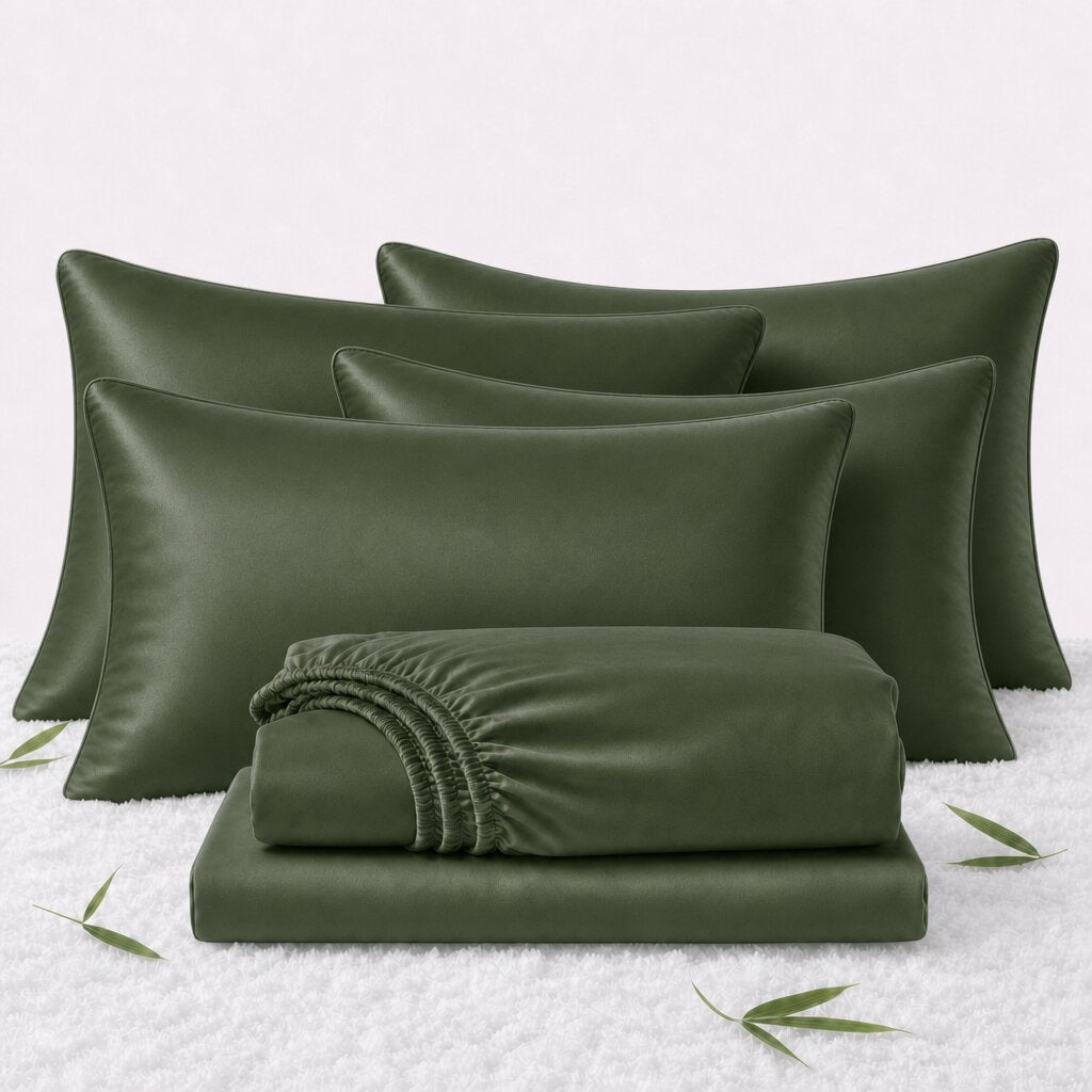 Folded forest green sheets in front of 4 matching pillows on a white textured surface with scattered bamboo leaves.