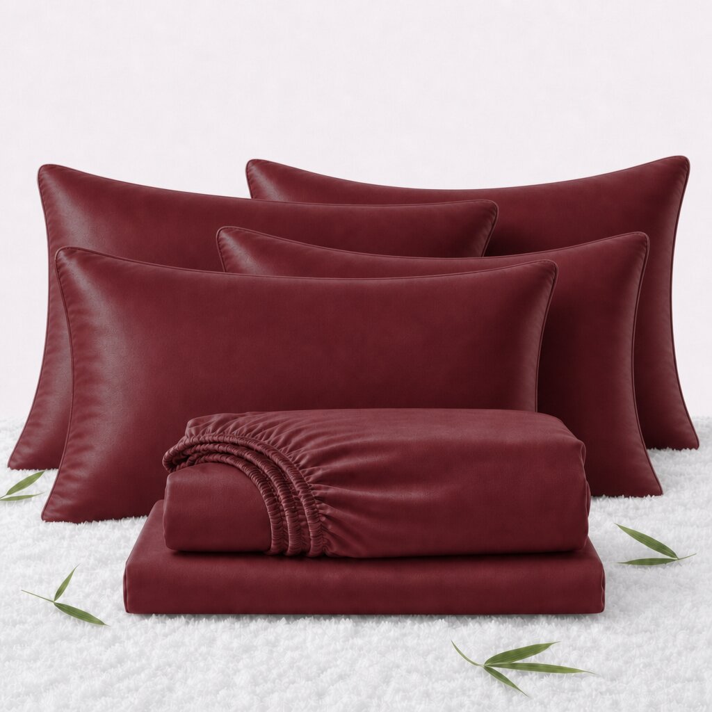 Folded burgundy sheets in front of 4 matching pillows on a white textured surface with scattered bamboo leaves.