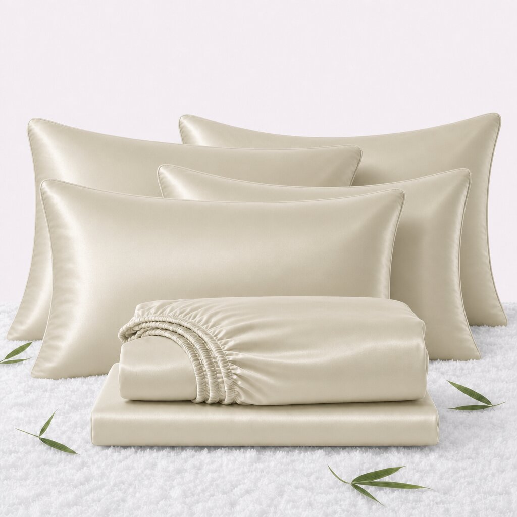 Folded ivory sheets in front of 4 matching pillows on a white textured surface with scattered bamboo leaves.