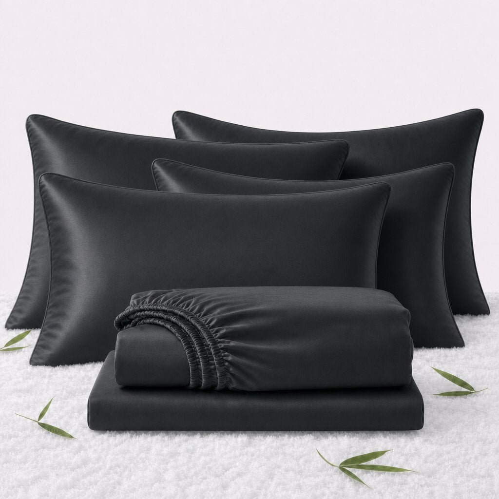 Folded black sheets in front of 4 matching pillows on a white textured surface with scattered bamboo leaves.