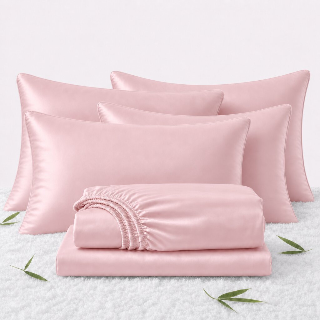 Folded pink sheets in front of 4 matching pillows on a white textured surface with scattered bamboo leaves.