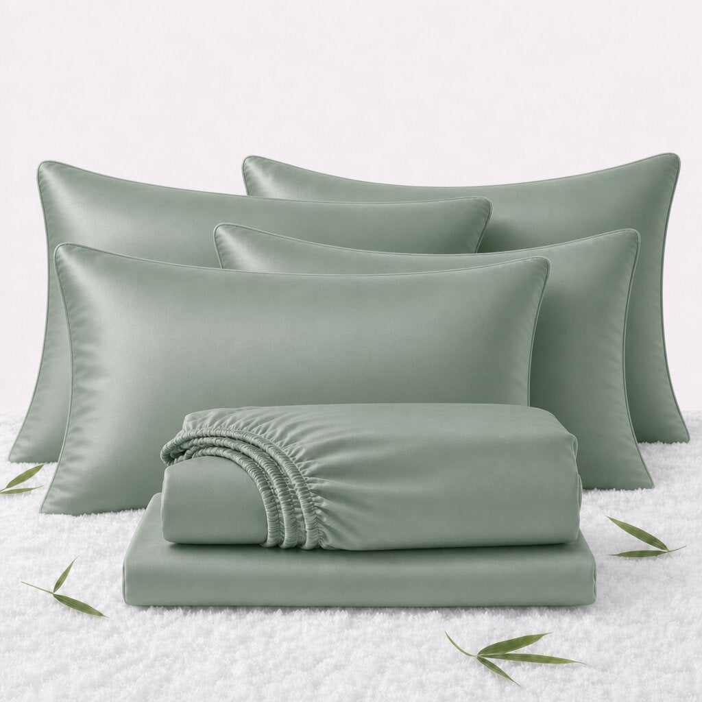 Folded sage green sheets in front of 4 matching pillows on a white textured surface with scattered bamboo leaves.