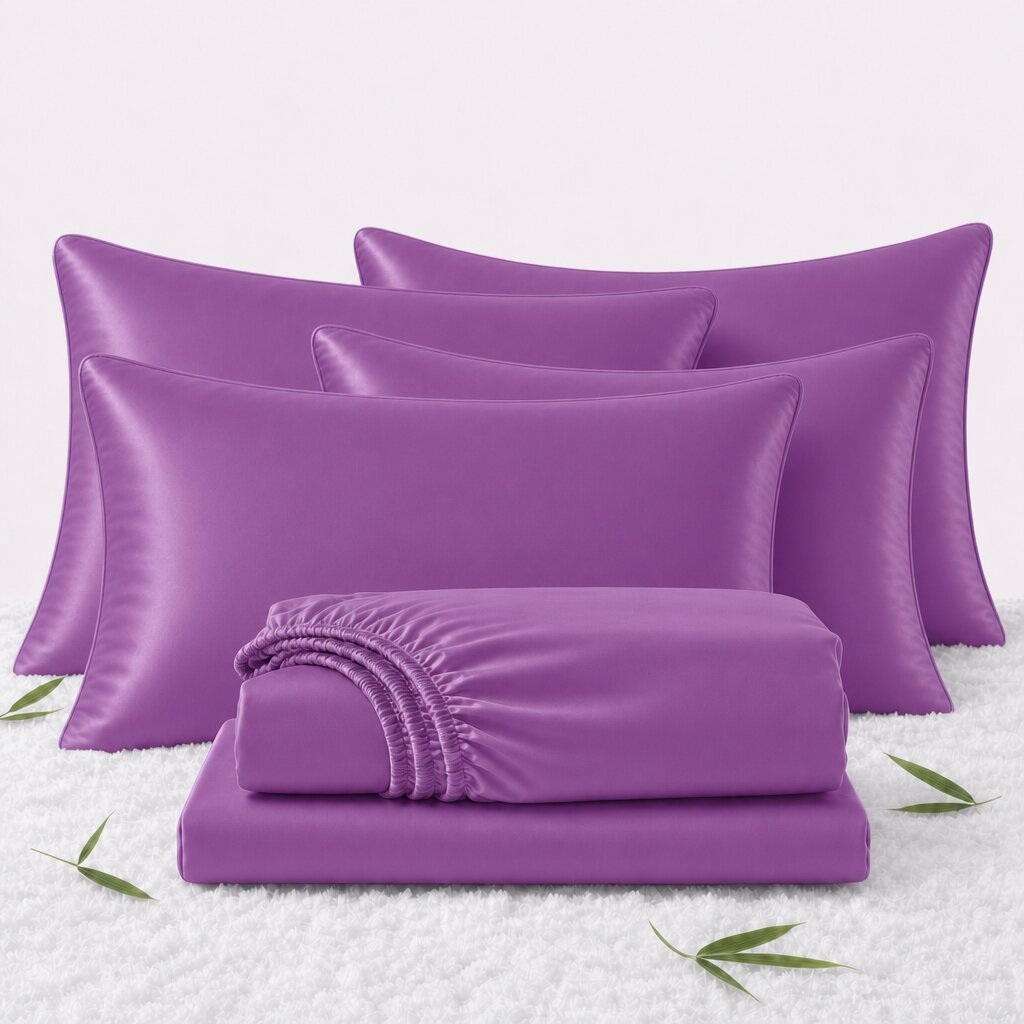Folded purple sheets in front of 4 matching pillows on a white textured surface with scattered bamboo leaves.