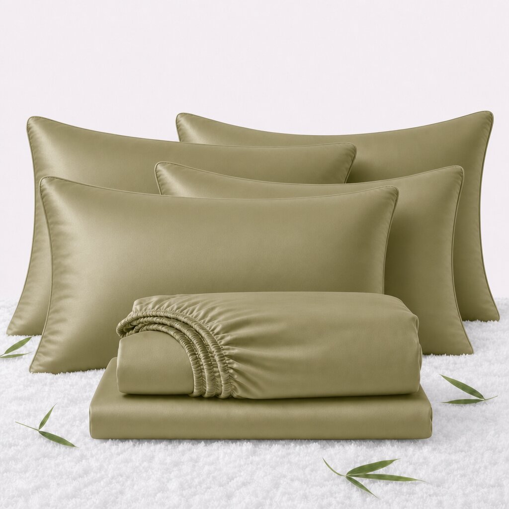Folded olive green sheets in front of 4 matching pillows on a white textured surface with scattered bamboo leaves.