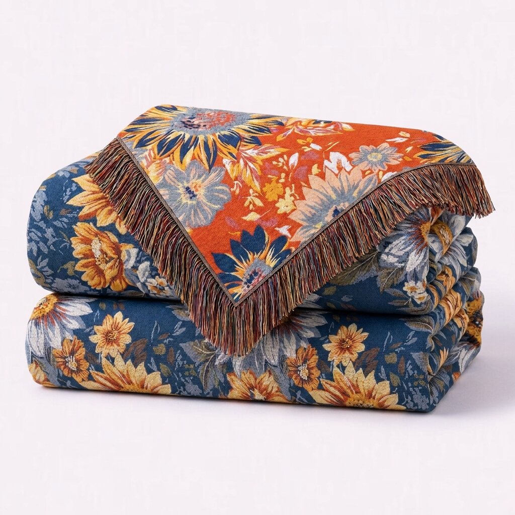 Folded blue and orange throw blanket with yellow sunflowers, a contrasting reverse and brown fringe.