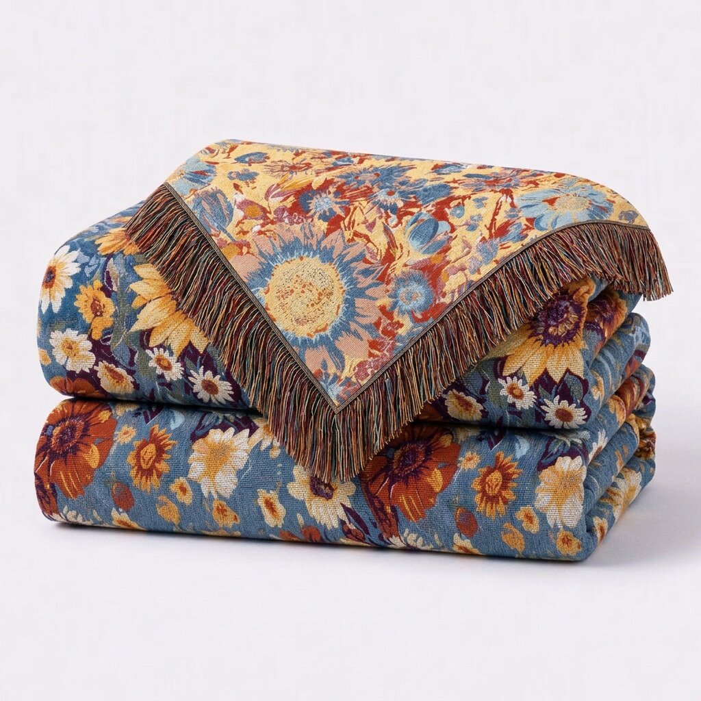 Folded blue throw blanket with yellow and orange flowers, a contrasting floral reverse and brown fringe.