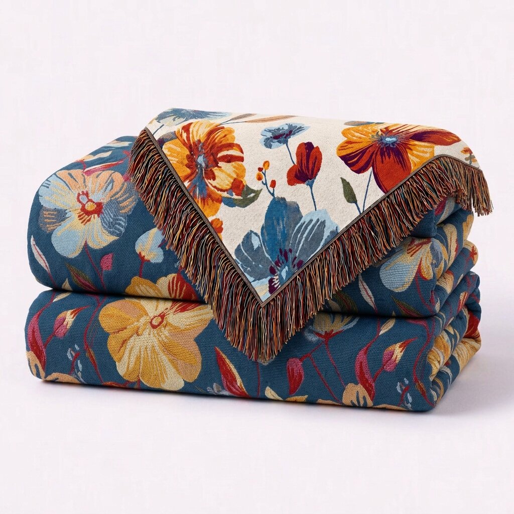 Folded blue throw blanket with large red and yellow flowers, a cream reverse and brown fringe.