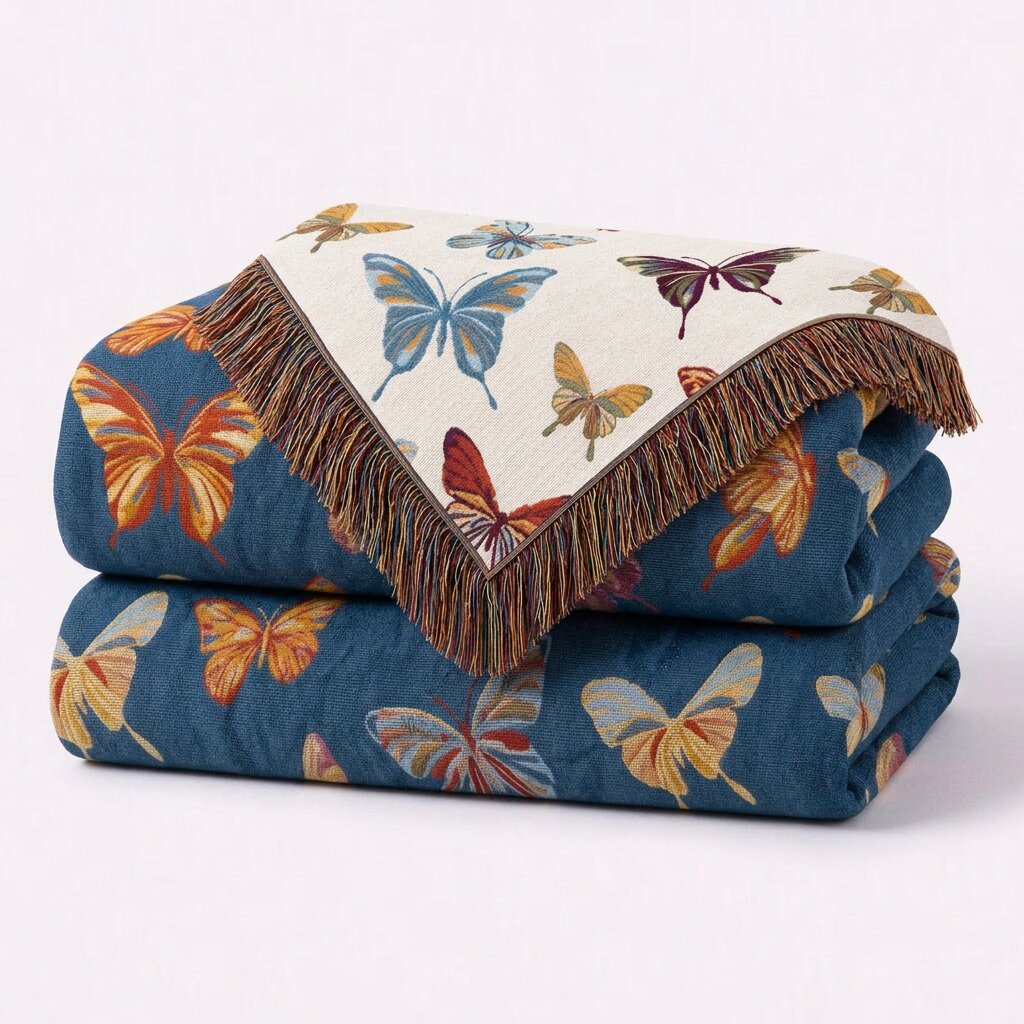 Folded blue butterfly patterned throw blanket with a cream reverse and brown fringe.