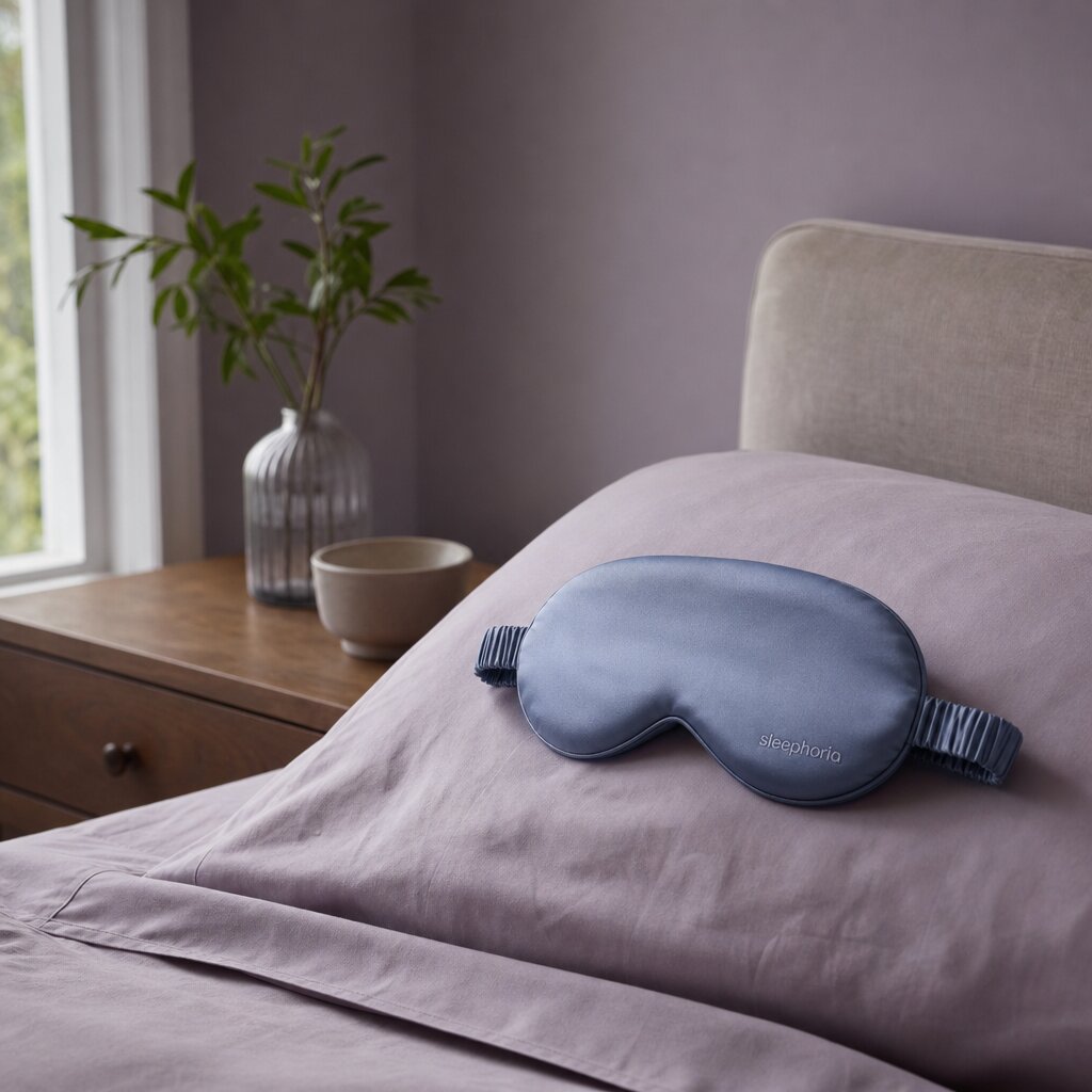 Blue sleep mask with a gathered strap resting on a lavender pillow beside a wooden nightstand.