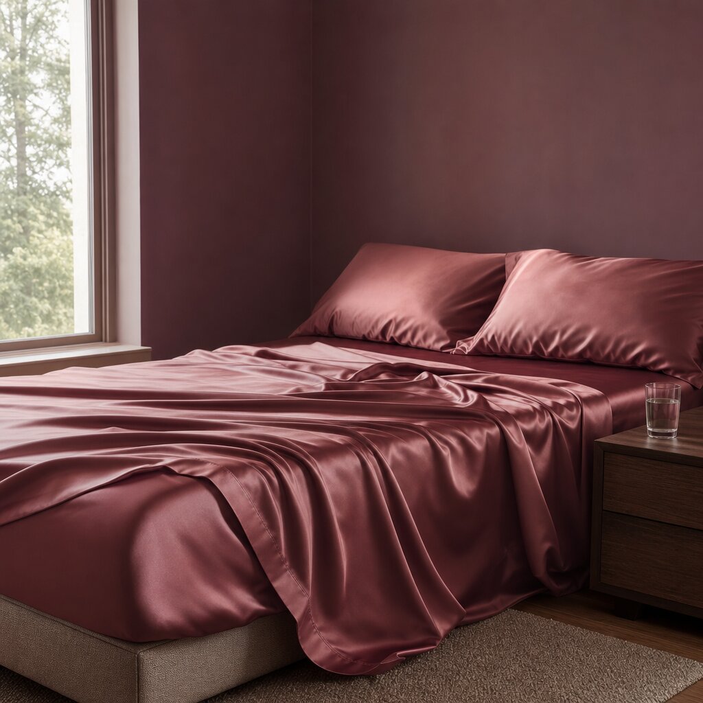 Burgundy satin sheets and two matching pillows on a bed beside a window and wooden nightstand.