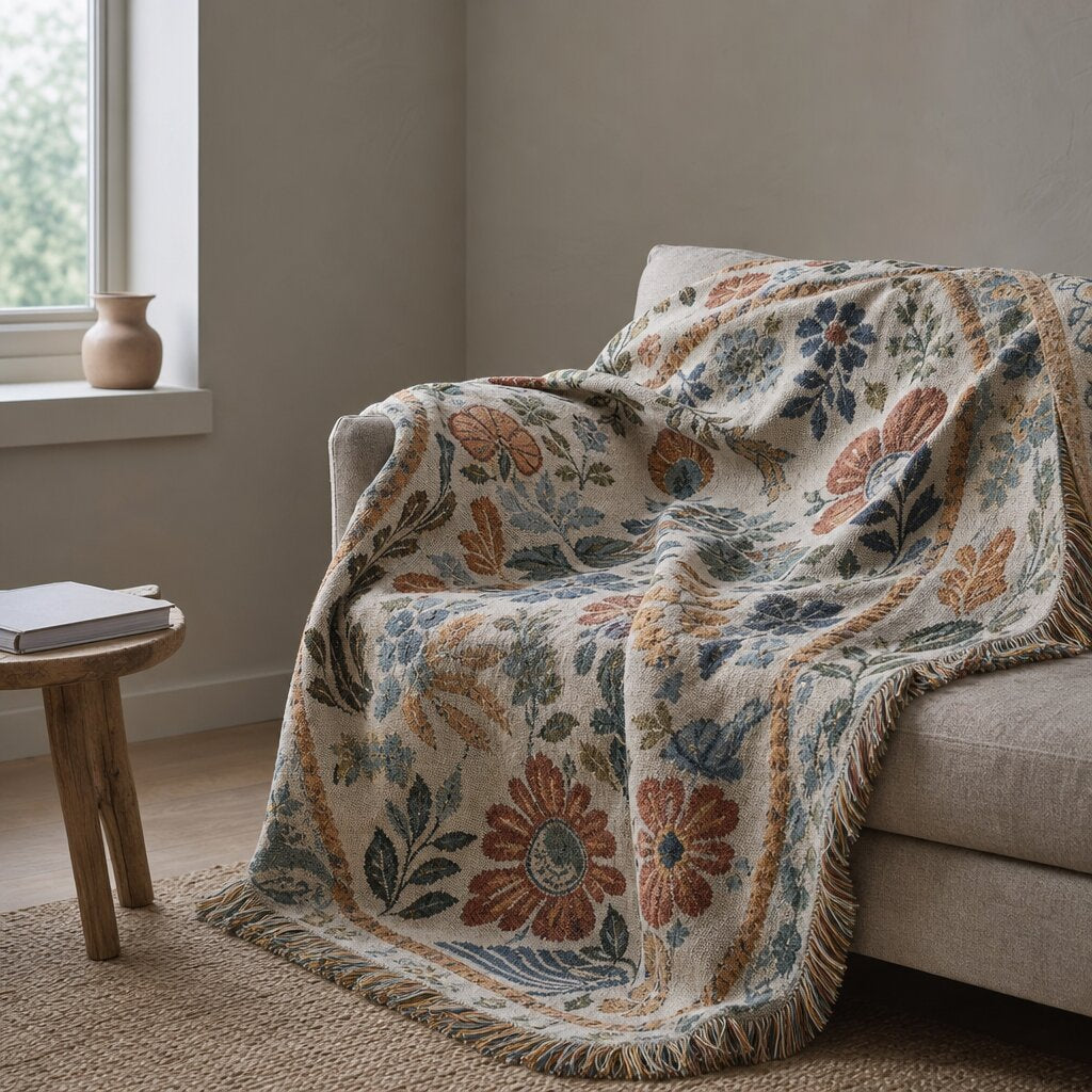 Cream fringed throw with blue and rust floral patterns draped over an upholstered armchair beside a window.
