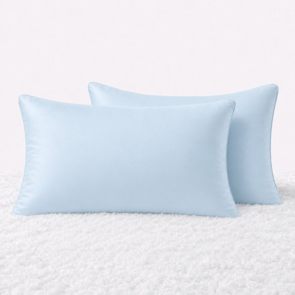 Two pillows in light blue pillowcases arranged upright on a white textured surface.