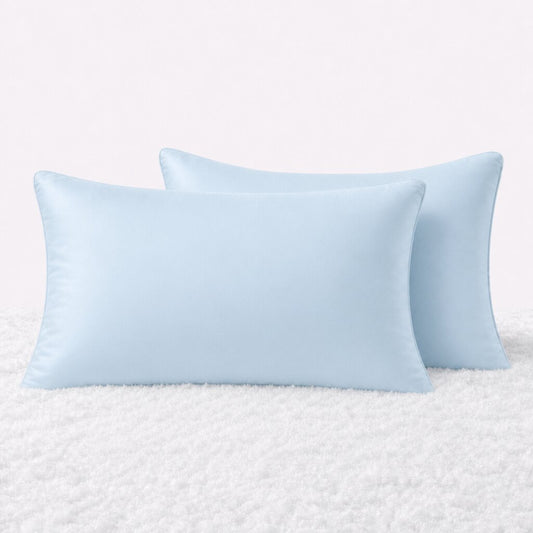 Two pillows in light blue pillowcases arranged upright on a white textured surface.