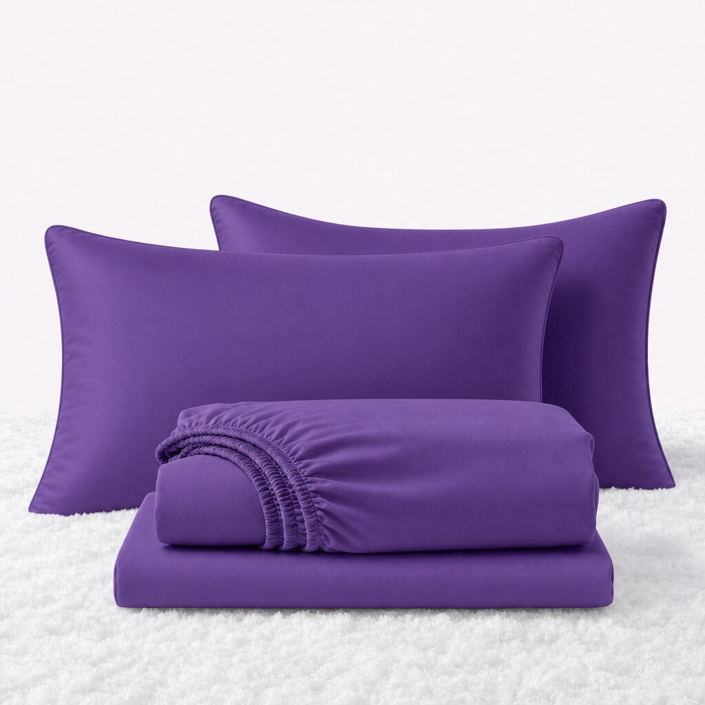 Purple sheet set displayed with two pillows behind a folded fitted sheet and flat sheet on a white textured surface.