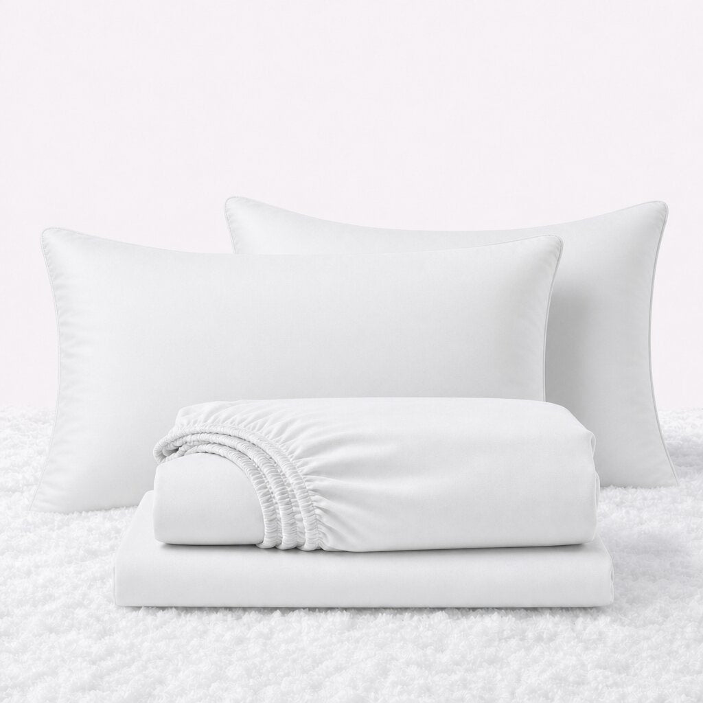 White sheet set displayed with two pillows behind a folded fitted sheet and flat sheet on a white textured surface.