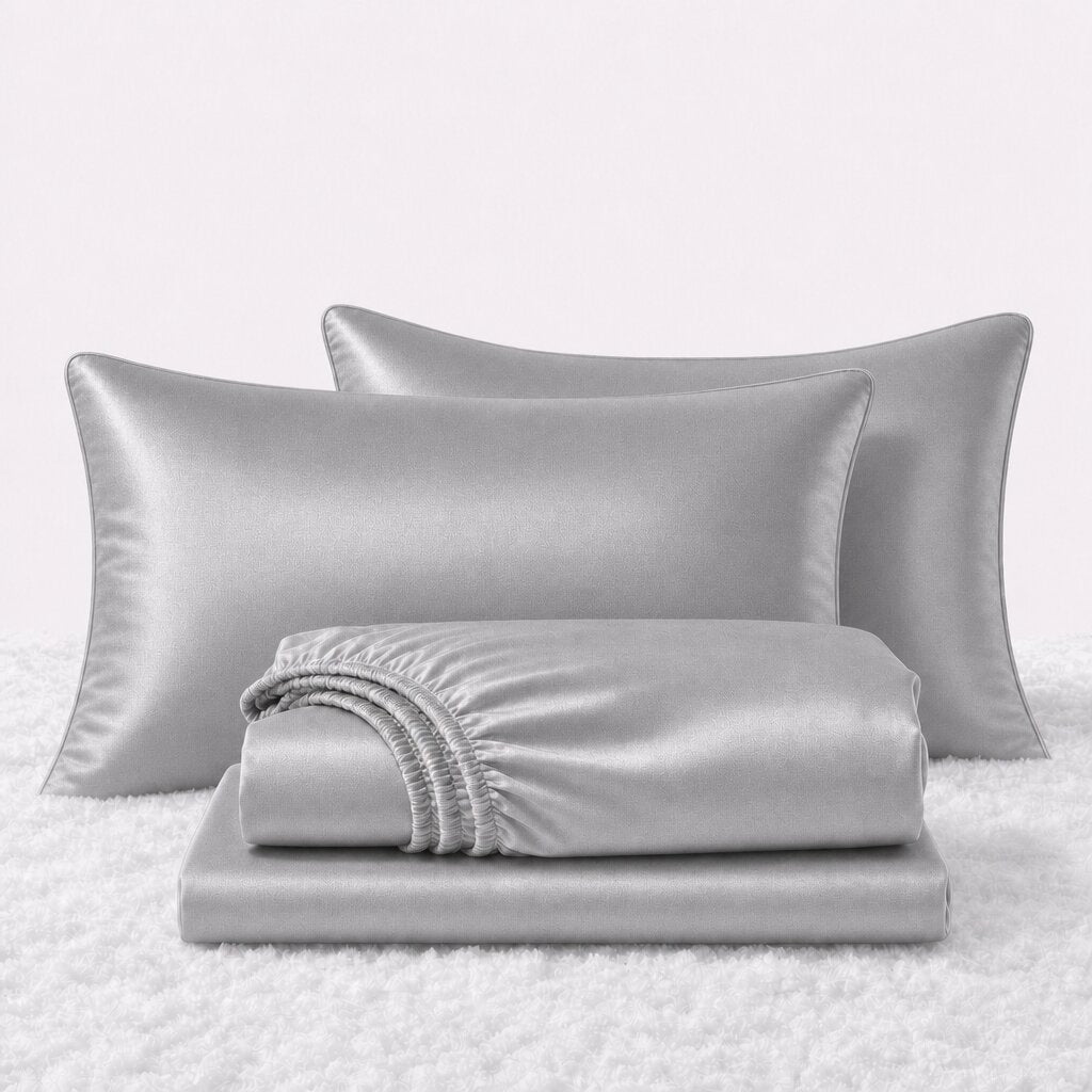 Folded shiny silver gray satin sheets in front of two matching pillows on a white textured surface.
