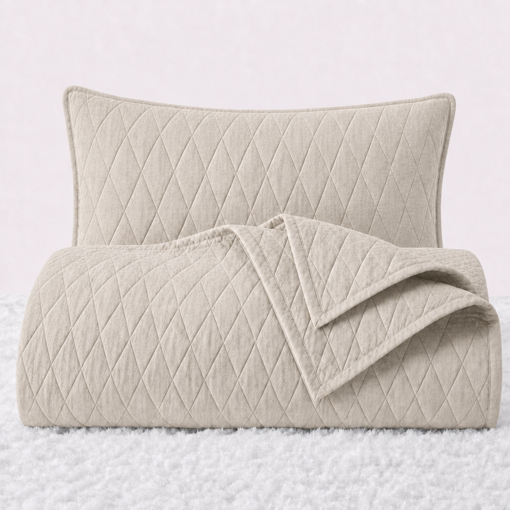Folded cream diamond stitched quilt with one matching pillow sham standing behind it on a white textured surface.