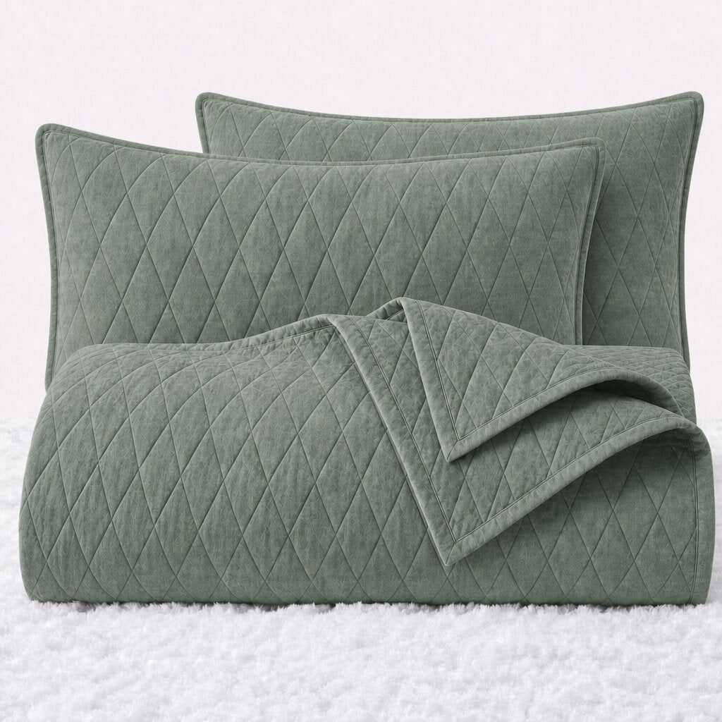 Folded sage green diamond quilted cover with two matching pillow shams on a white textured surface.
