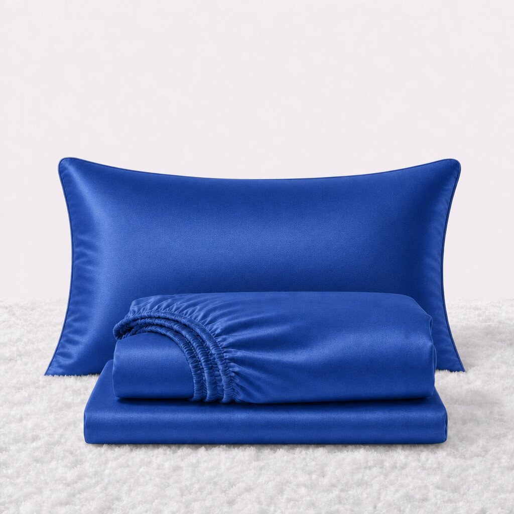 Folded shiny royal blue satin sheets in front of one matching pillow on a white textured surface.