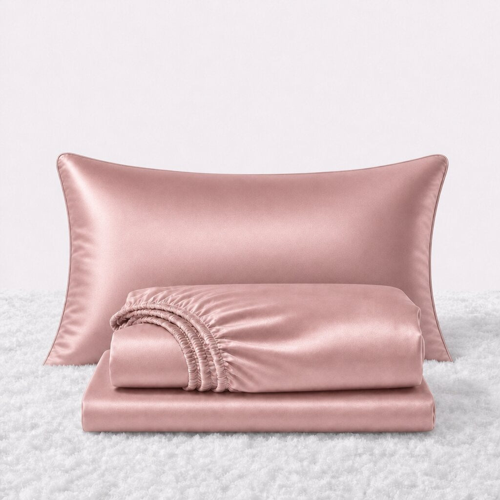 Folded shiny rose pink satin sheets in front of one matching pillow on a white textured surface.