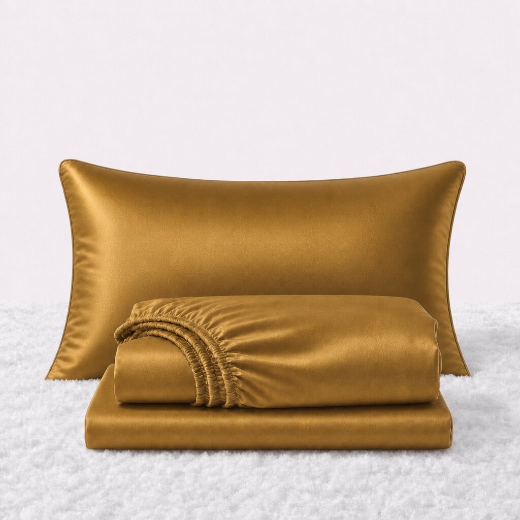 Folded shiny gold satin sheets in front of one matching pillow on a white textured surface.