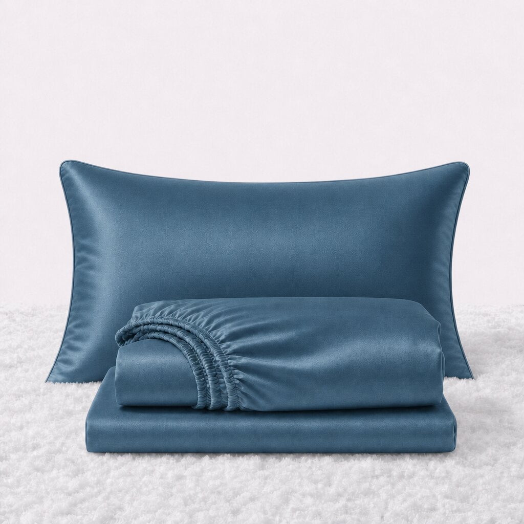 Folded shiny teal blue satin sheets in front of one matching pillow on a white textured surface.