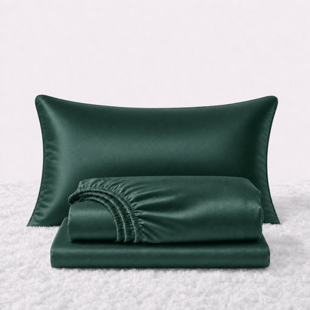 Folded shiny emerald green satin sheets in front of one matching pillow on a white textured surface.