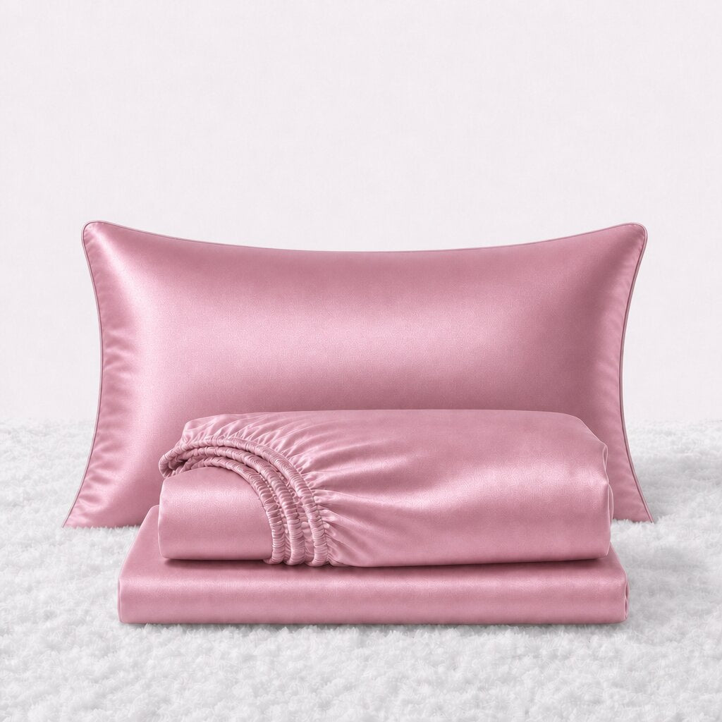 Folded shiny pink satin sheets in front of one matching pillow on a white textured surface.