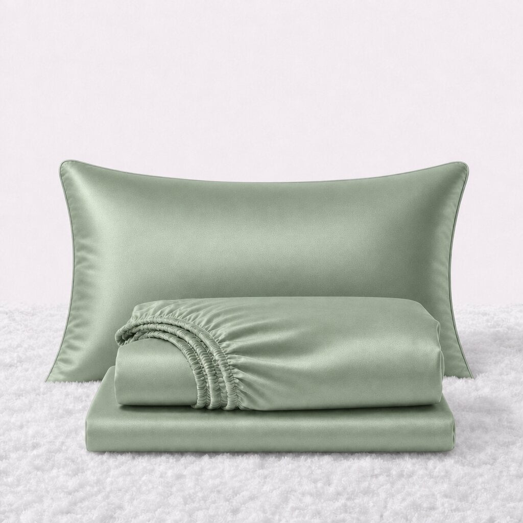 Folded shiny mint green satin sheets in front of one matching pillow on a white textured surface.