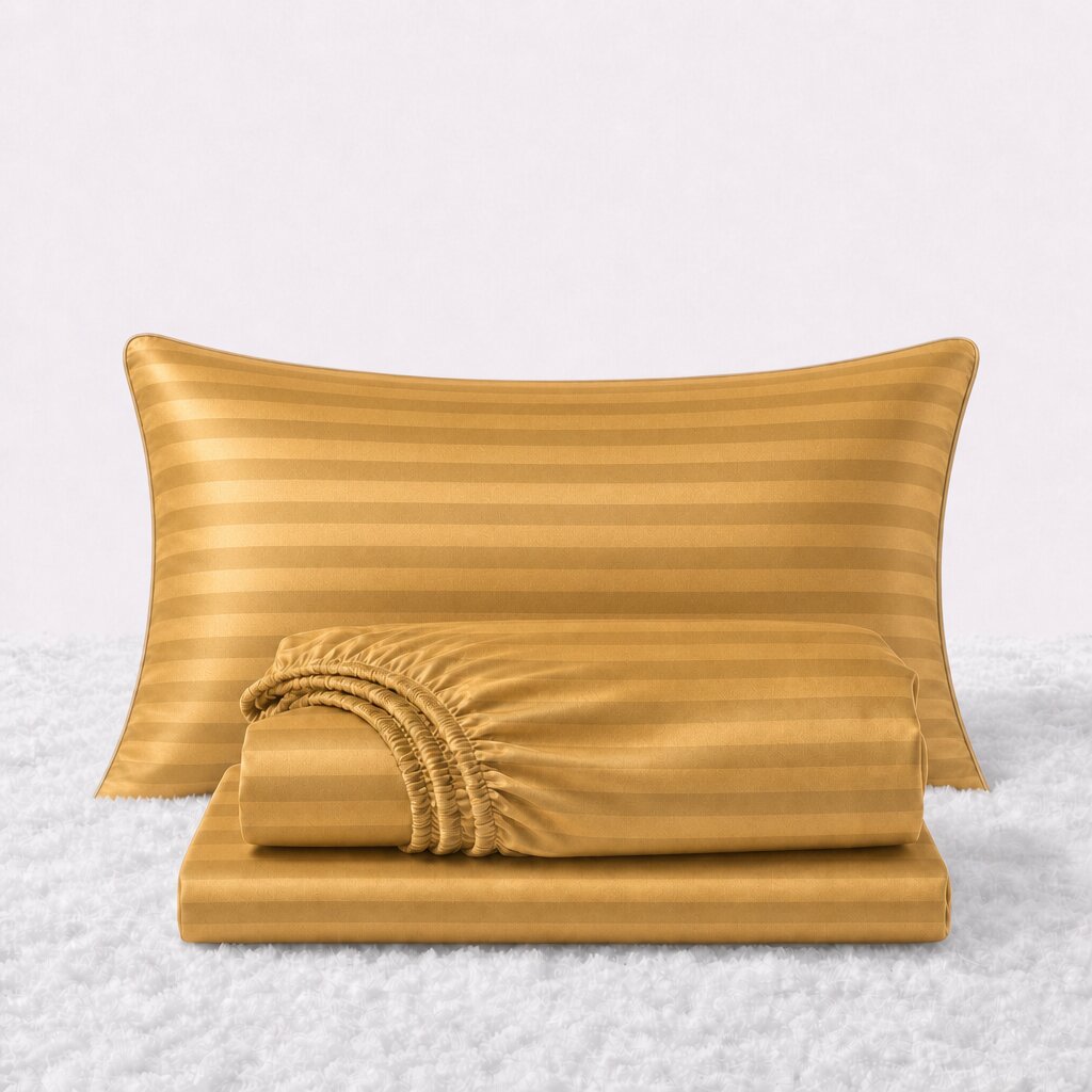 Folded shiny gold striped satin sheets in front of one matching pillow on a white textured surface.