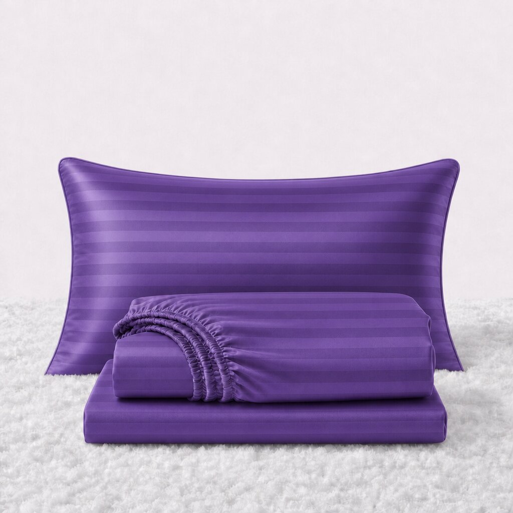 Folded shiny purple striped satin sheets in front of one matching pillow on a white textured surface.